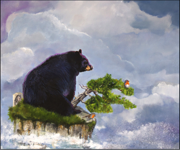 A Black Bear and two friends on an impossible perch enjoy a fantastic view